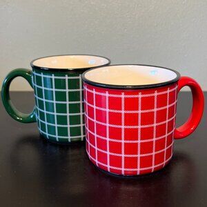 Set of 2 HALLMARK Red and Green Enamel Look Camping Style Checked Ceramic Mugs